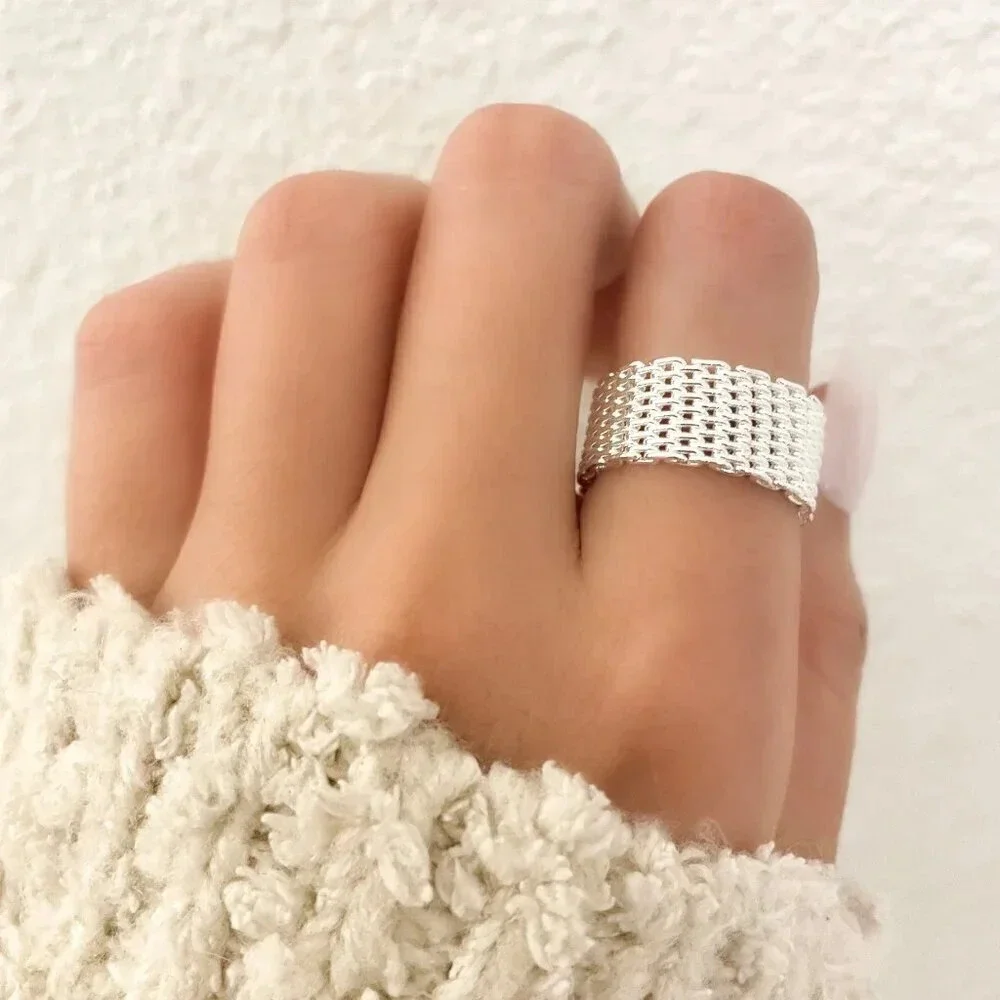 925 Sterling Silver Mesh Ring Weave Ring Woven Ring Band Everyday Ring - Picture 4 of 8
